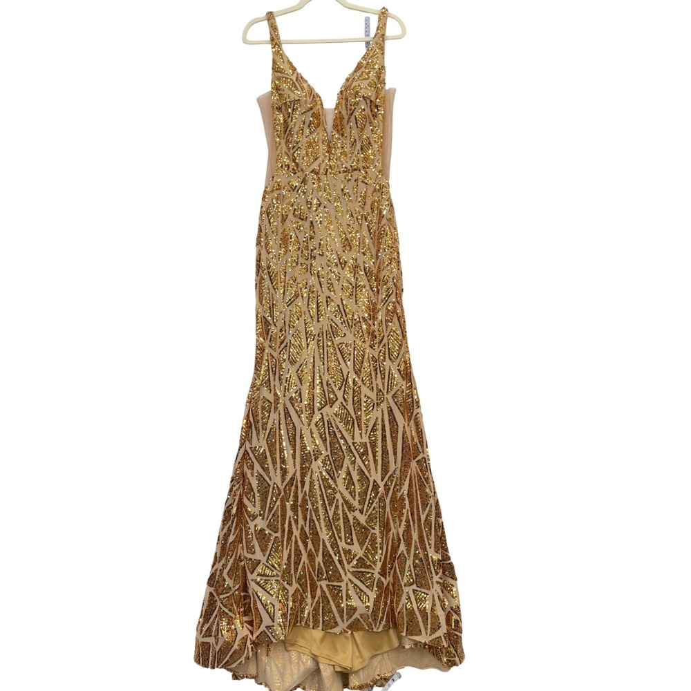 2 Cute Prom Dress Women 14 NWT Gold Sequin Geometric Mermaid Gown MSRP $398